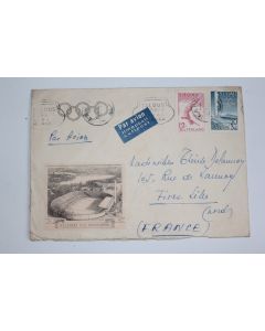 Enveloppe Finlande par avion timbres et vignette JO Helsinki 1952