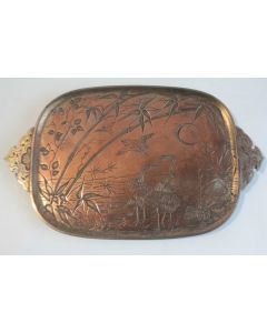 Plateau cuivre Paysage Grues Bambous Japon Meiji