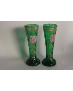 LEGRAS-MONTJOYE Paire Vases vert verre émaillé Fleurs Art Nouveau