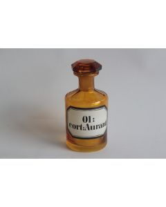 Ancien flacon d'apothicaire verre ambré émaillé Huile d'écorce d'orange