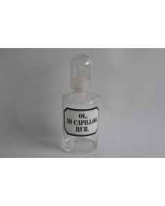 Ancien flacon d'apothicaire verre émaillé Ol. Ad Capillor. Rub.