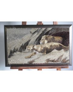Tableau Broderie soie Lion et Lionne Japon