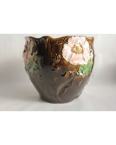Grand cache-pot barbotine De Bruyn Fives Fleurs de pavot Art Nouveau