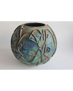 Vase sculpture terre cuite émaillée relief Poissons Italie 1950/60
