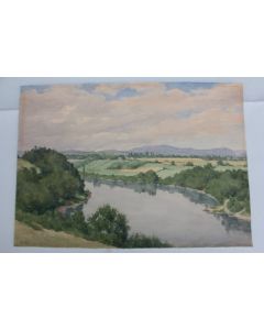 Tableau Aquarelle signé MV Paysage Bord de rivière