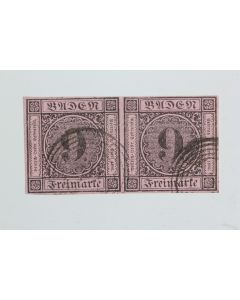 Timbres Allemagne Bade Grand duché paire 9k noir sur couleur 1851