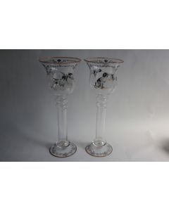 Paire Bougeoirs verre émaillé Chiens de chasse