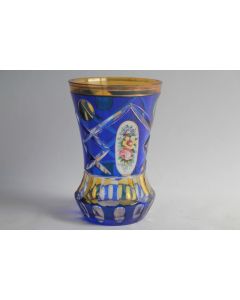 Vase cristal taillé overlay bleu jaune Fleurs Bohème
