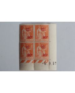 Timbre France semeuse surcharge 80c bloc x4 coin daté 1937