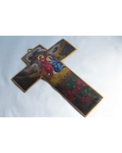 Croix Peinture émaux sur cuivre C. BLANC Christ et Vierge Marie