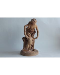 Ancienne Sculpture terracotta Femme et enfant Faune