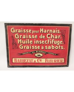 Plaque publicitaire tôle Graisse Huile Au Blaireau Barbezat & Cie Fleurier