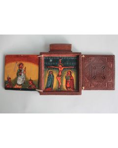 Icône orthodoxe triptyque bois peint Croix Copte Éthiopie
