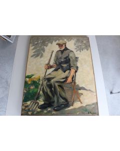 Peinture à l'huile sur toile Roger PIERHOL 1946 Vieux Jardinier
