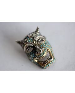 Broche Masque démon Oni argent massif turquoise marcassites