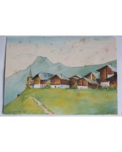 Aquarelle originale Village de montagne Chalets Grimentz Valais Suisse