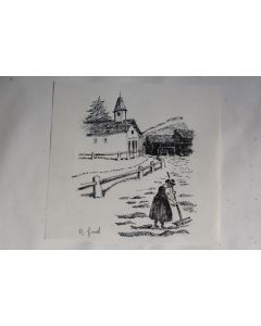 Dessin original Scène rurale alpine Alexandre GIROD