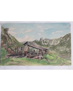 Aquarelle originale Chalet d'alpage Montagne E. Bernes