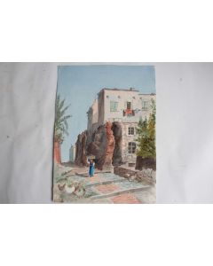Aquarelle originale Scène de village méditerranéen