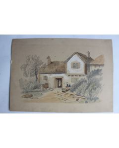 Dessin original au crayon rehaussé XIXe Ferme Haute-Savoie