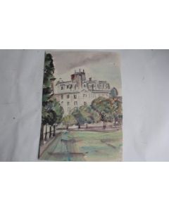 Aquarelle originale Scène urbaine architecture haussmannienne