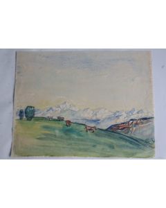 Aquarelle originale d'étude Paysage alpin avec troupeau Vaches