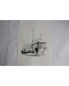 Dessin original à l'encre Paysage rural signé 1954