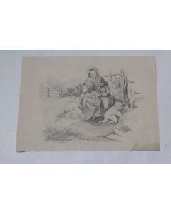 Dessin original Scène rurale Paysanne et enfant XIXe siècle