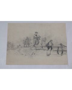 Dessin original Scène de passage à gué Cheval XIXe siècle
