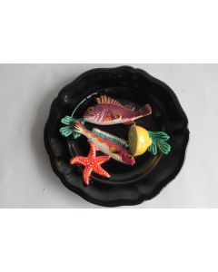 Assiette barbotine trompe l'œil Poissons Crustacés