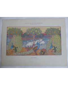 Estampe Les paons Frise décorative C. SCHULLER Art nouveau