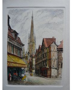 Ancienne Gravure Eau Forte Robin Rouen Rue Épicerie