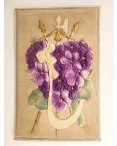 CPA illustrée Fleur décor Violettes feutrine et broderie