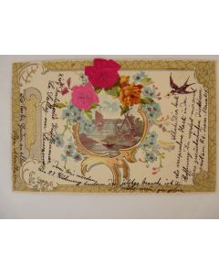 CPA fantaisie gaufrée et soie fleurs roses