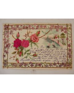 CPA fantaisie gaufrée et soie fleurs roses