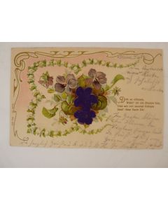 CPA fantaisie gaufrée et soie fleurs violettes muguets