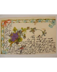 CPA fantaisie gaufrée et soie fleurs violettes avec myosotis