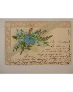 CPA fantaisie gaufrée et soie fleurs myosotis