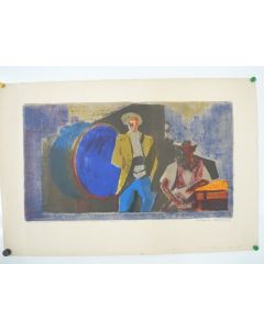 Lithographie Albert Chavaz Vignerons à la cave