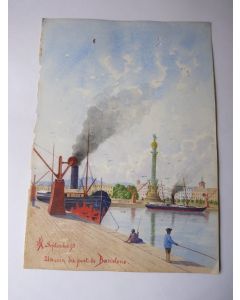 Peinture aquarelle  Un coin du port   Barcelone 1895 Espagne