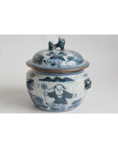 Pot couvert céramique craquelée bleu blanc Chine