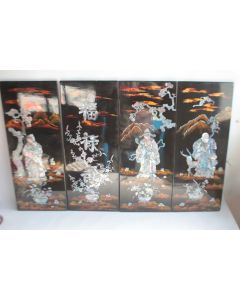 Set 4 Plaques murale Asie bois laqué nacre FU LU Shou buddha