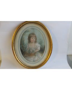 Tableau pastel petite fille au panier de fleurs XIXe siècle
