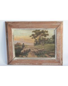 Tableau Peinture à l'huile Berger et son troupeau Moutons A Menegaux