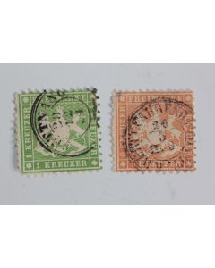 Timbres Allemagne Wurtemberg 1k et 9k obl 1863