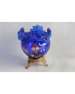 Vase boule verre bleu émaillé Napoléon III